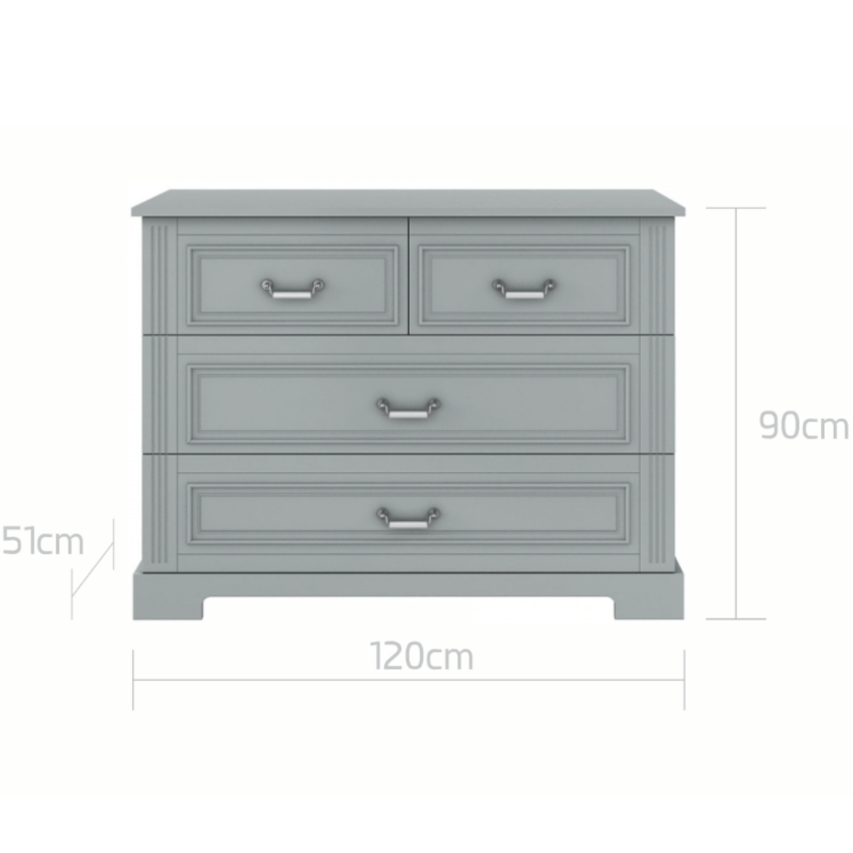 Wymiary techniczne szarej komody Bellamy Ines 120 cm