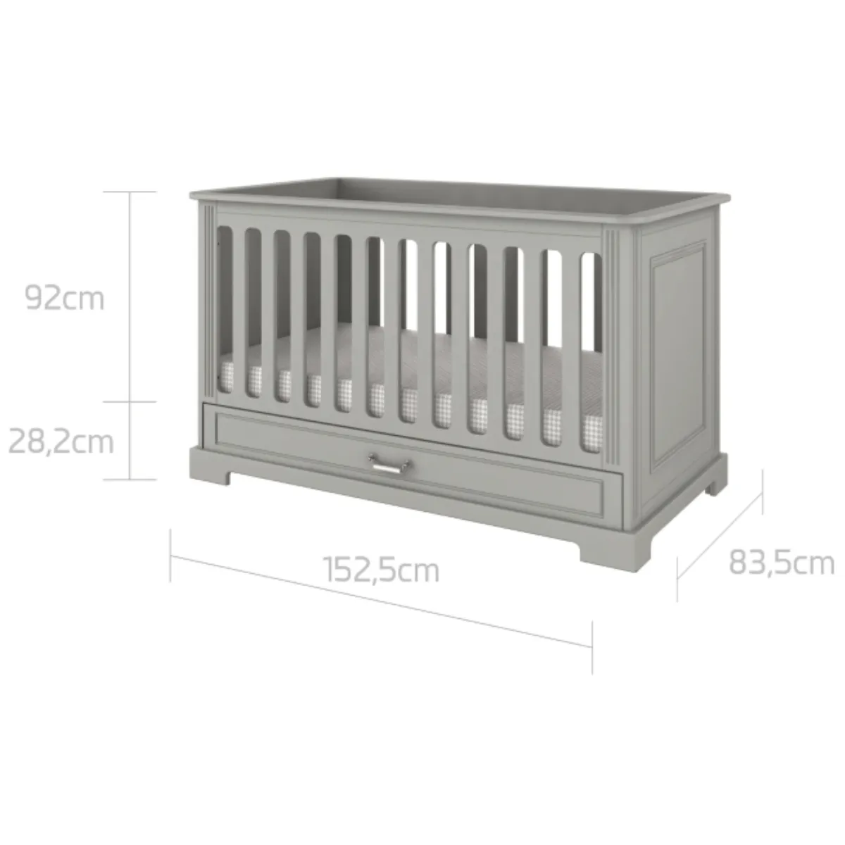 Wymiary szarego łóżeczka dziecięcego Bellamy Ines Grey 70x140