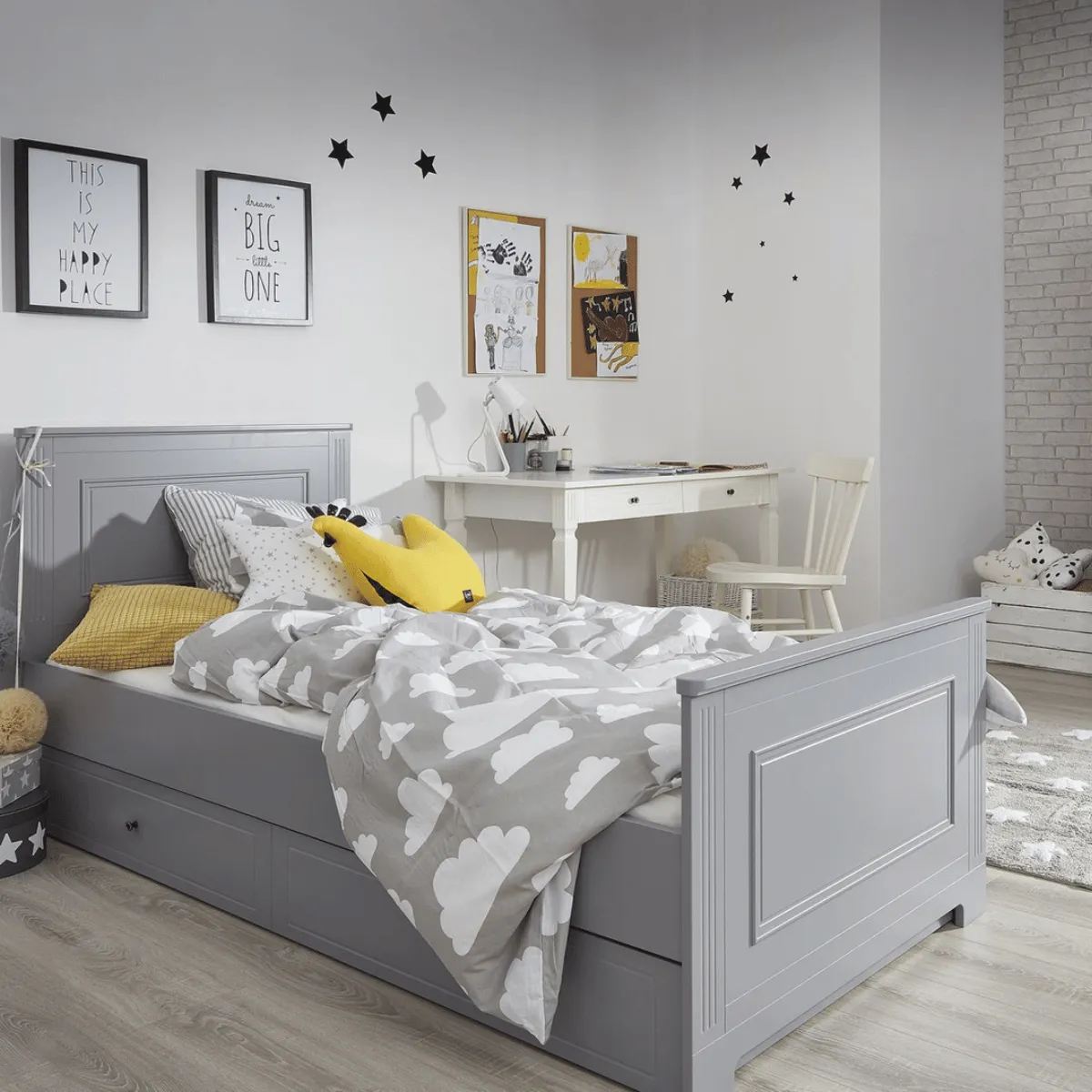 Szare łóżko dziecięce 90x200 z szufladą Bellamy Ines Grey do pokoju dziecka