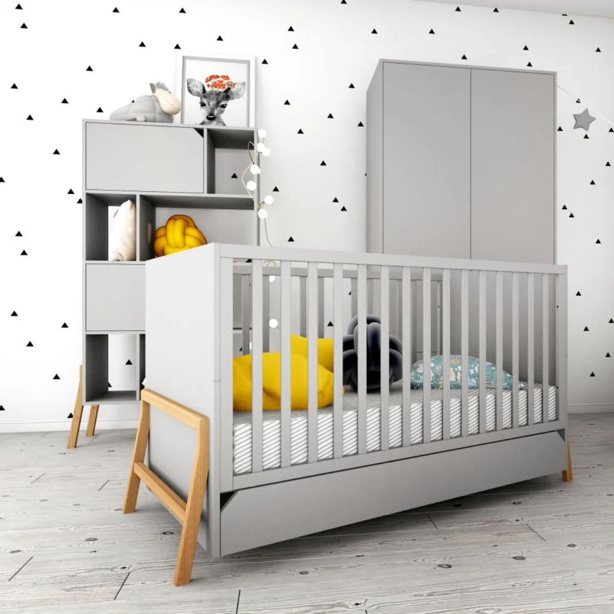 Łóżeczko dziecięce Bellamy Lotta szare 140x70 z szufladą i barierką