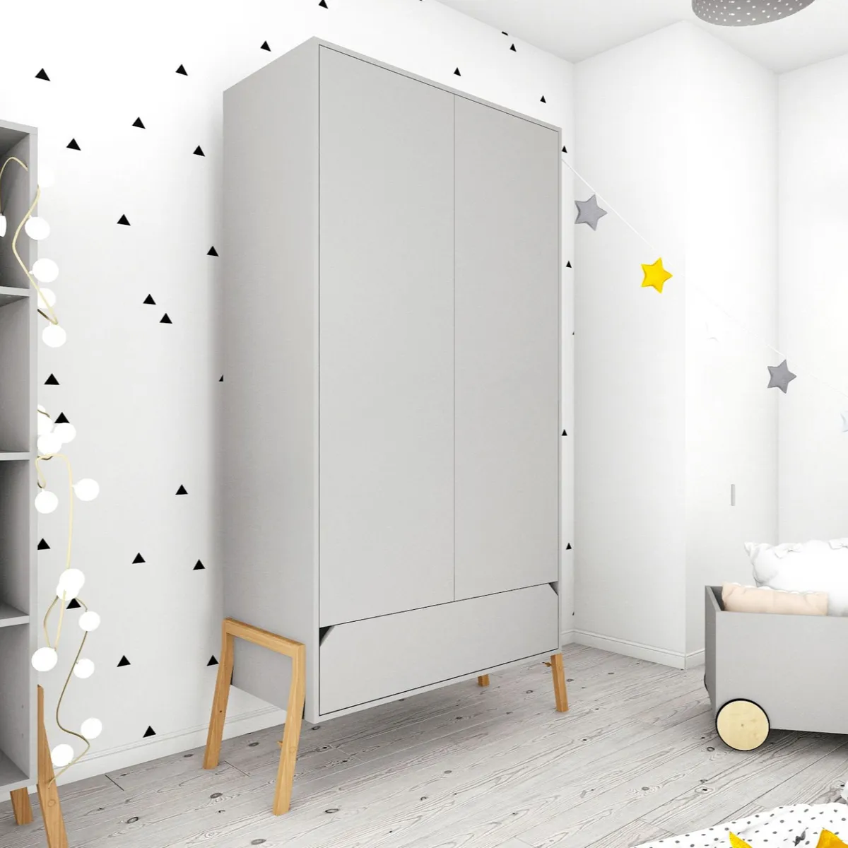 Szafa dziecięca Bellamy Lotta szara 2-drzwiowa z szufladą i półkami do pokoju dziecka