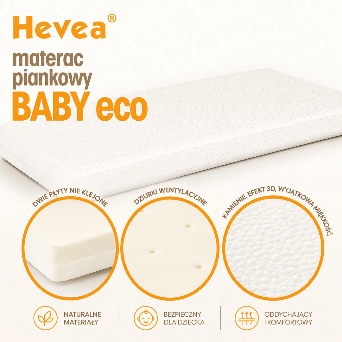 Materac piankowy Hevea Baby Eco 70x130 dla niemowląt