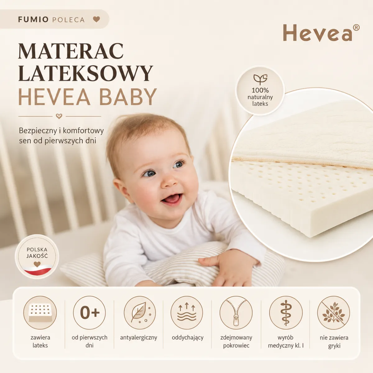 Materac lateksowy Hevea Baby 70x130 do łóżeczka niemowlęcego