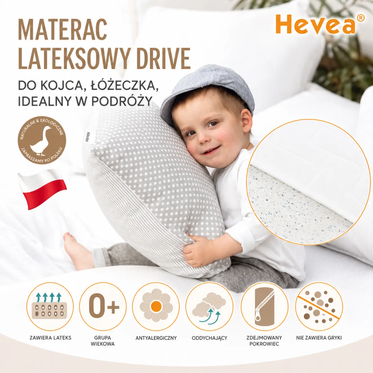 Materac lateksowy Hevea Drive 70x140 do łóżeczka turystycznego i kojca