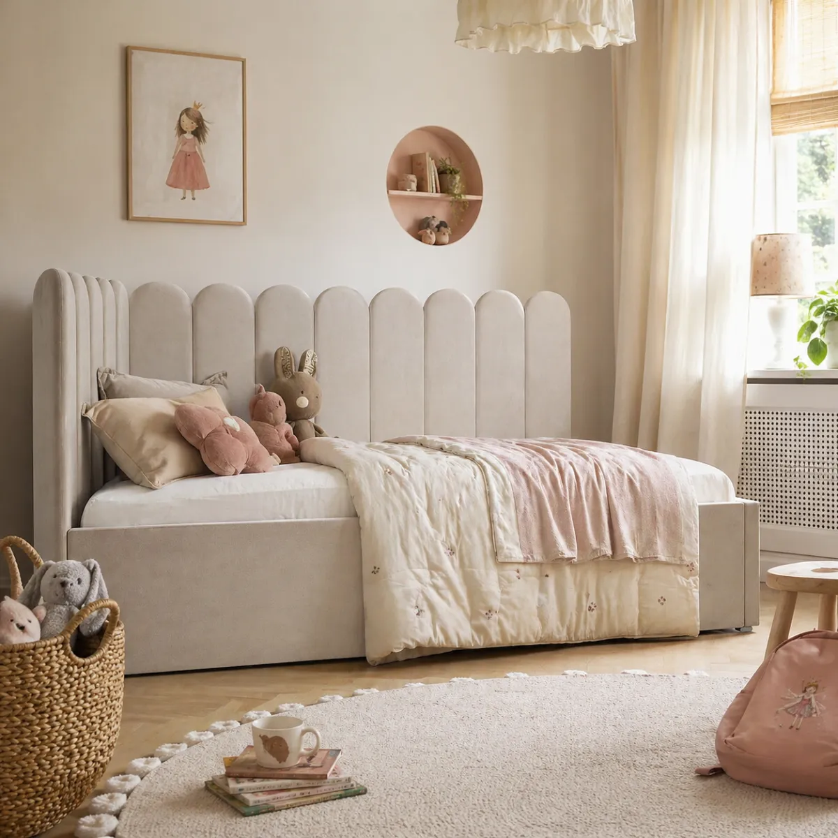 Łóżko tapicerowane dla dziecka LOLIPOP SLIM z wąskimi zaokrąglonymi panelami