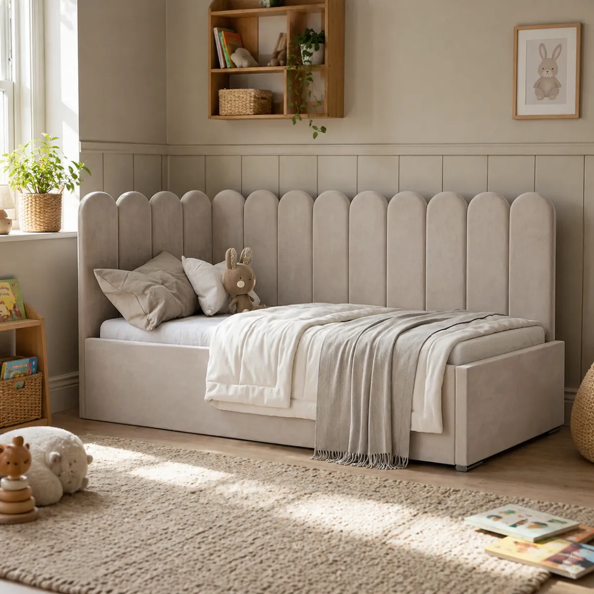 Łóżko dziecięce tapicerowane LOLIPOP SLIM z wąskimi zaokrąglonymi panelami w pokoju dziecka