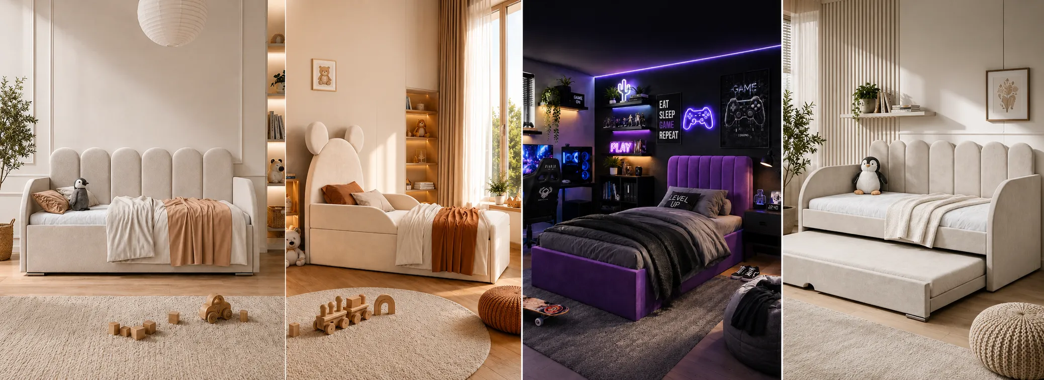 Łóżka tapicerowane dla dzieci i młodzieży FUMIO showroom Warszawa wzorniki tkanin i inspiracje do pokoju dziecka