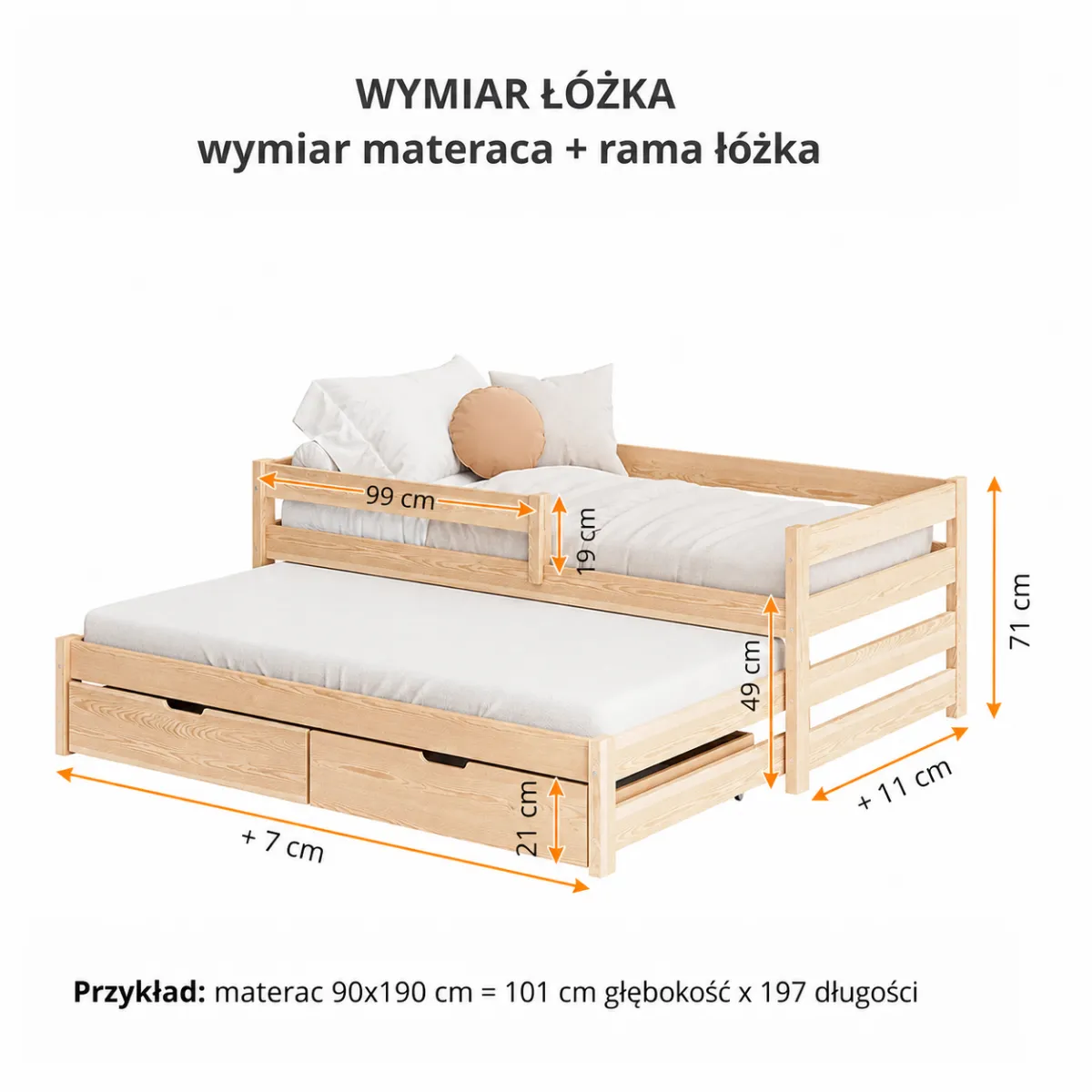 Wymiary łóżka dwuosobowego VISITOR z wysuwanym spaniem