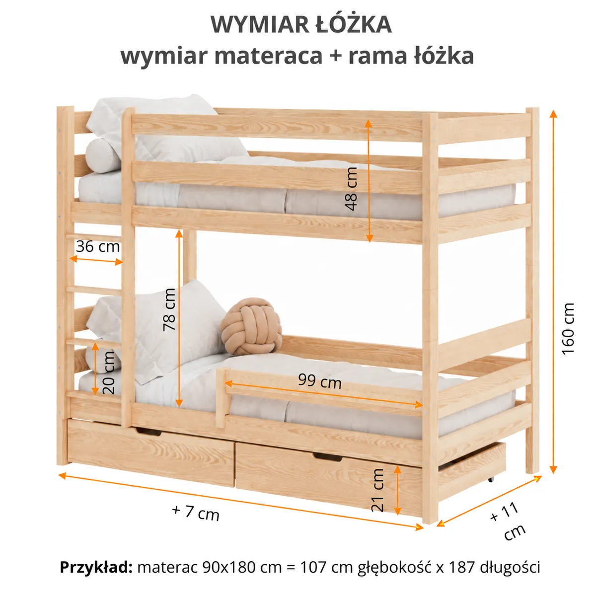 Wymiary drewnianego łóżka piętrowego Fumio Duo