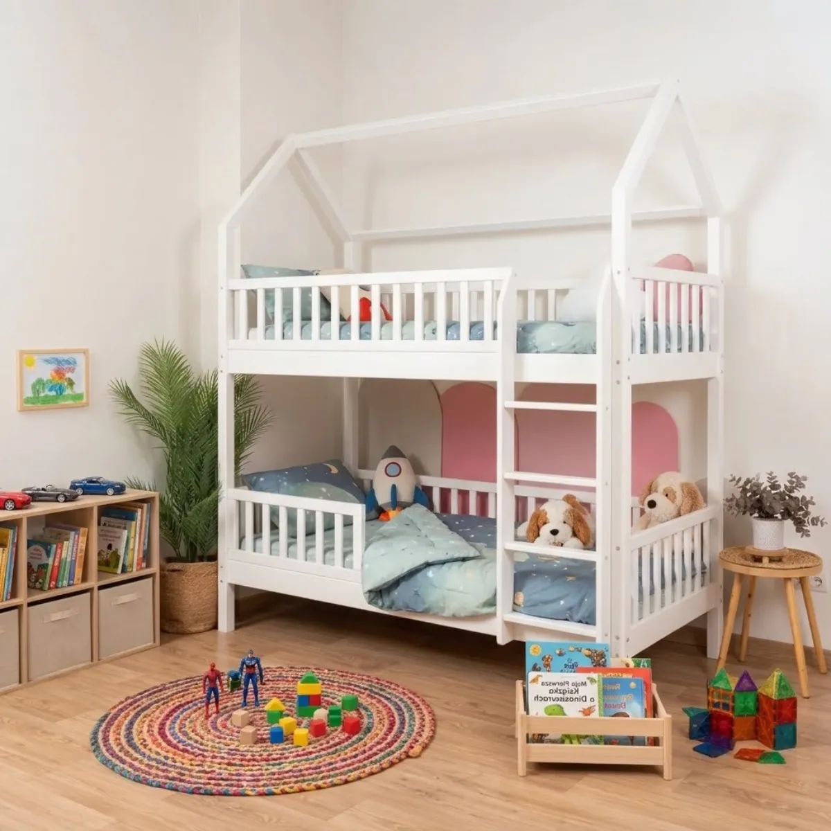 Drewniane łóżko piętrowe domek MISI HOME z drabinką i barierkami