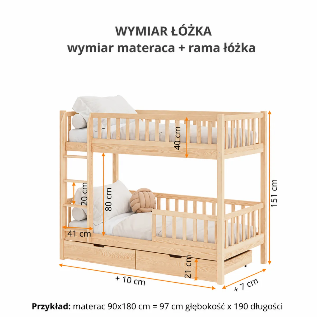 Wymiary drewnianego łóżka piętrowego MISI