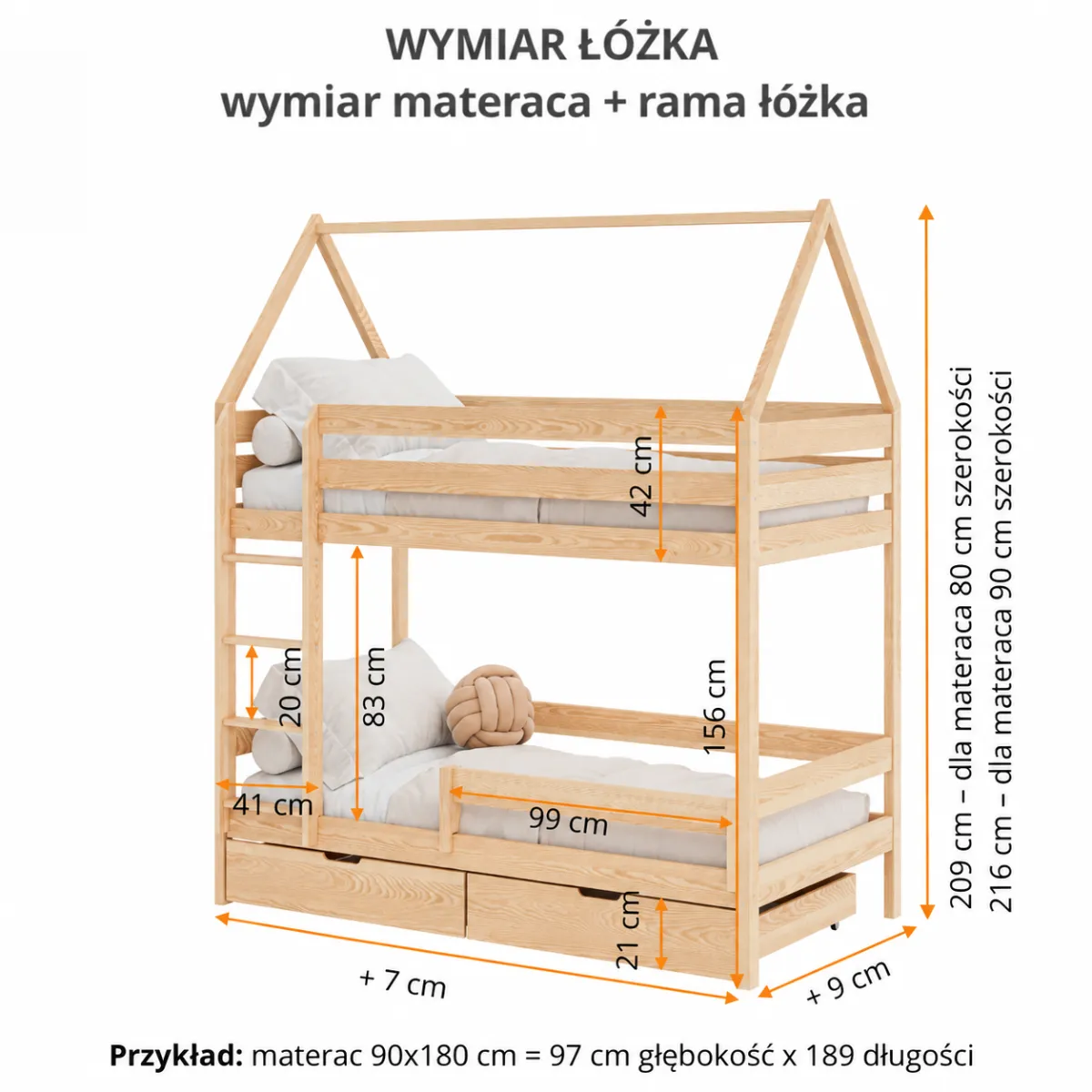 Wymiary drewnianego łóżka piętrowego domek RUFI HOME