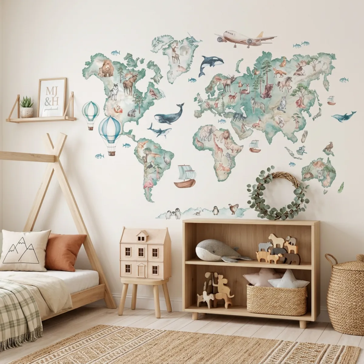 Naklejka mapa świata zielona dla dzieci do pokoju dziecka