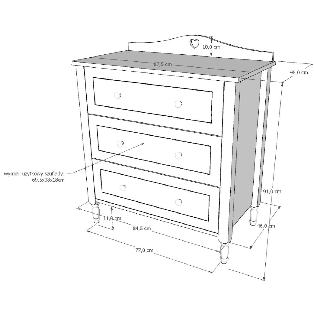 wymiary komody dla dziewczynki glamour