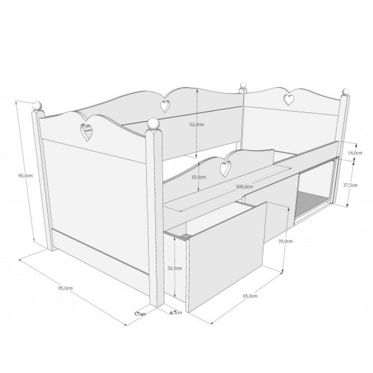 Wymiary łóżka dziecięcego GLAMOUR 90x200 z szufladami
