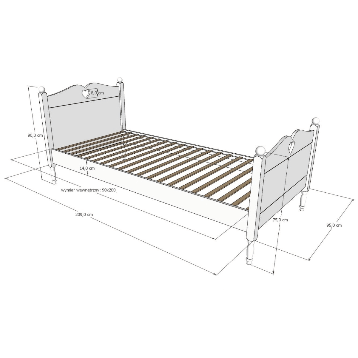 Wymiary łóżka GLAMOUR 90x200