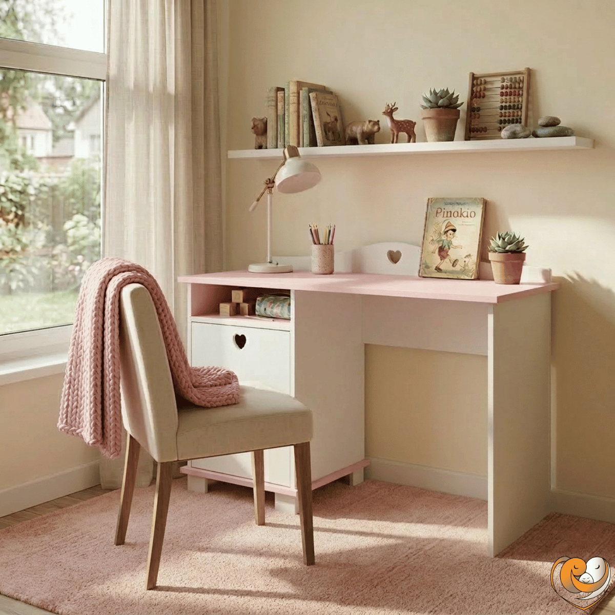 Biurko dla dziewczynki biało różowe w pokoju dziecka aranżacja