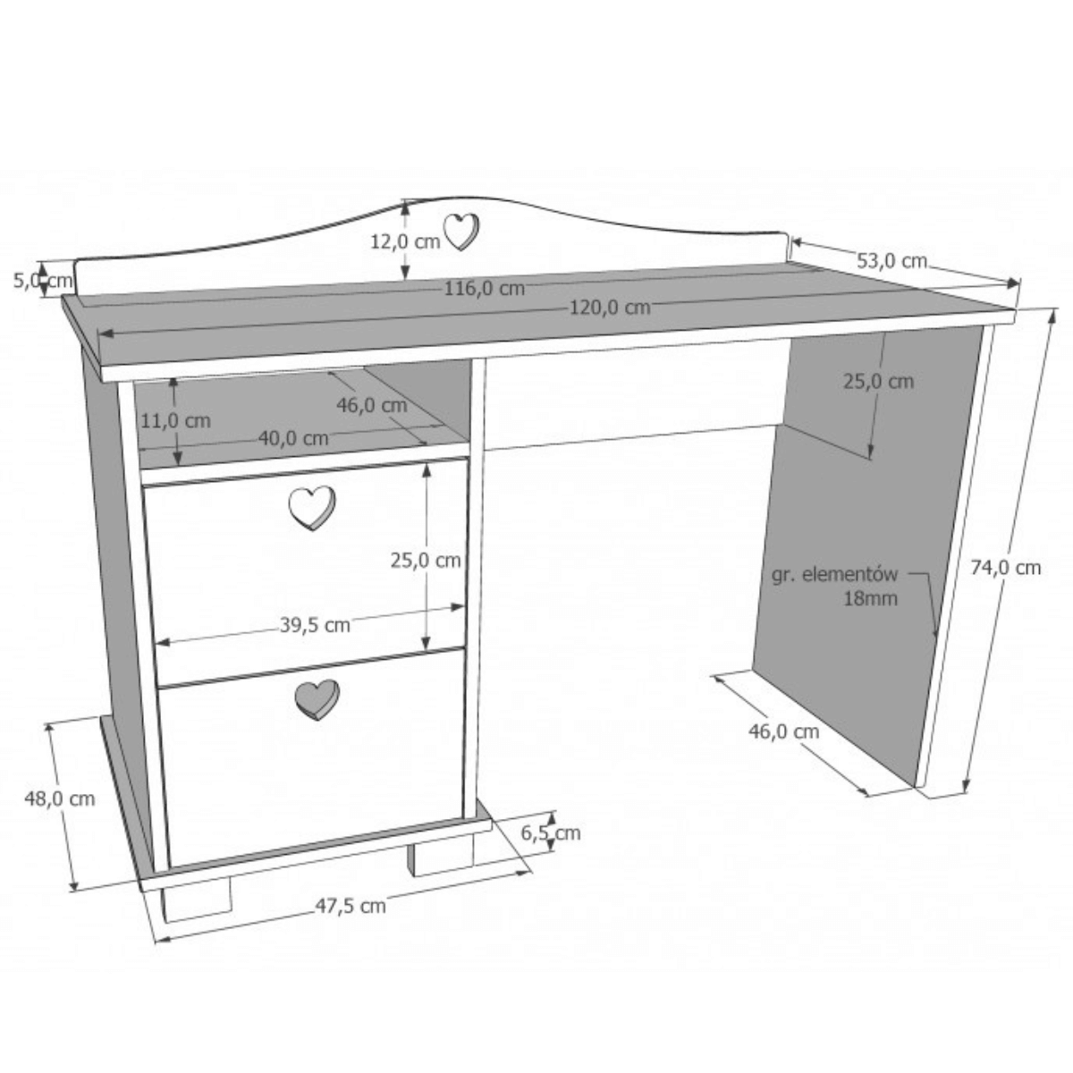 Biurko dla dziewczynki HEART wymiary biurka dziecięcego z szufladami