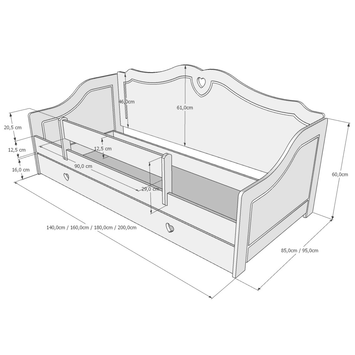Wymiary łóżka HEART - rysunek techniczny łóżka dla dziecka z barierką
