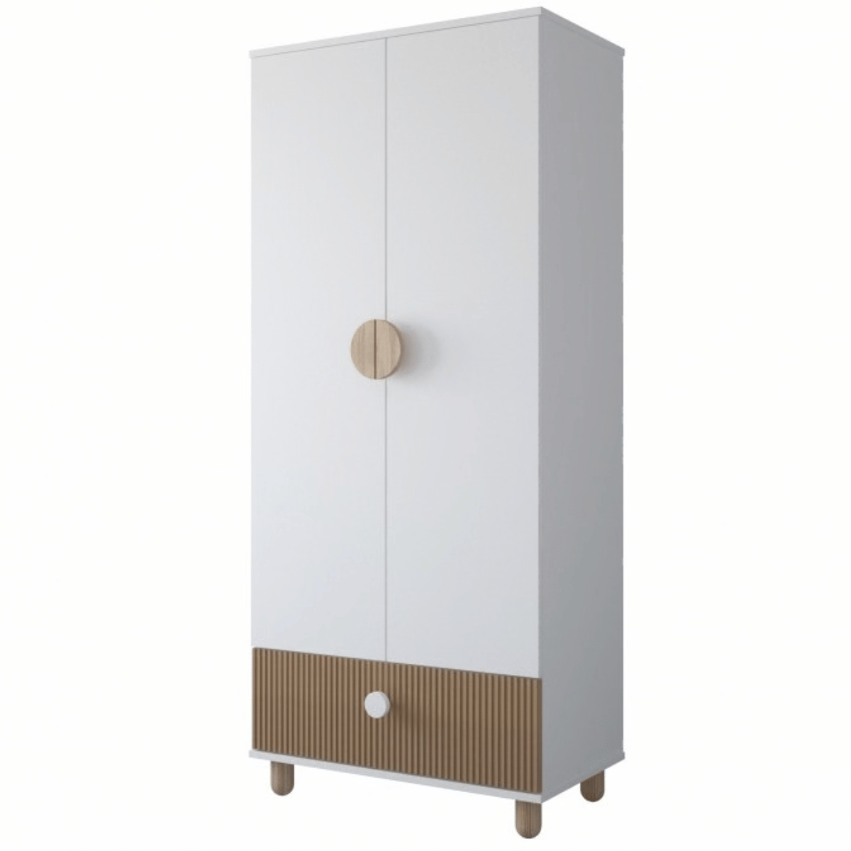 Biała szafa LOFT w aranżacji pokoju dziecka z drewnianymi nogami