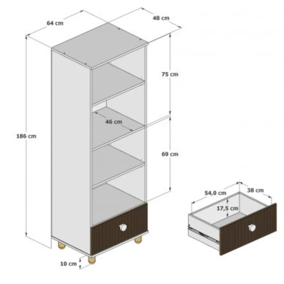 wymiary regału dziecięcego LOFT kaszmir 64x48x186 cm