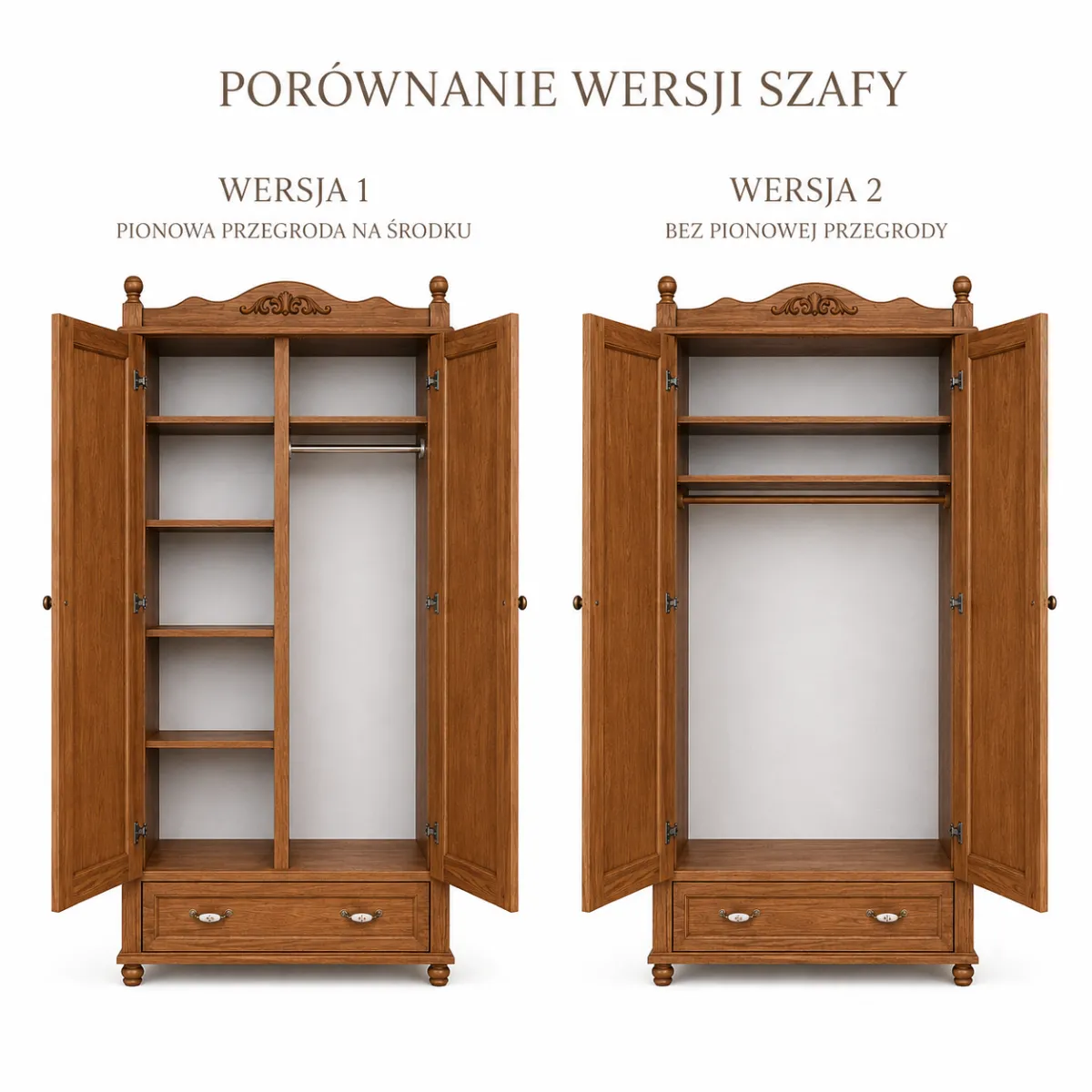 porównanie wnętrza szafy Vintage z podziałką i bez podziałki