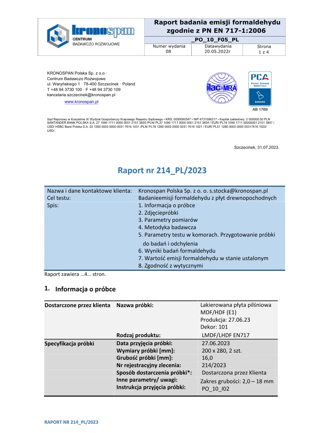 Raport badania emisji dla materiału płytowego stosowanego w meblach dziecięcych