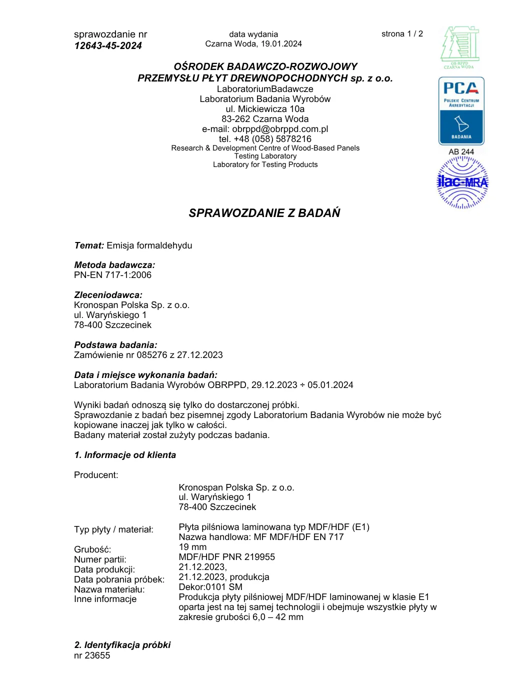 Dokument dotyczący materiałów płytowych i klasy higieny E1