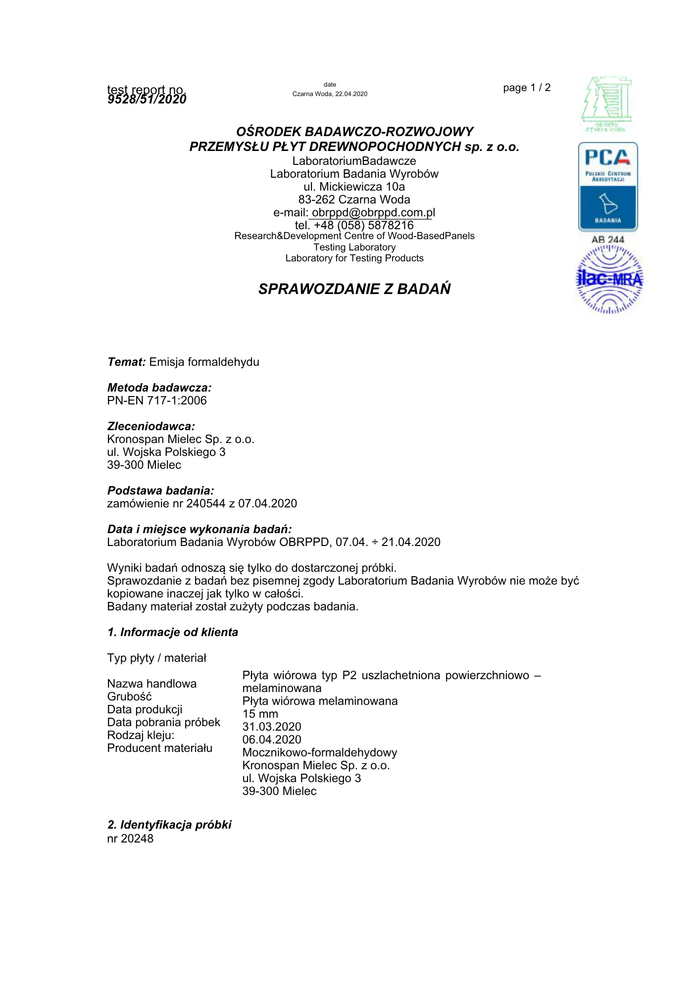 Dokument dotyczący emisji formaldehydu w materiałach płytowych