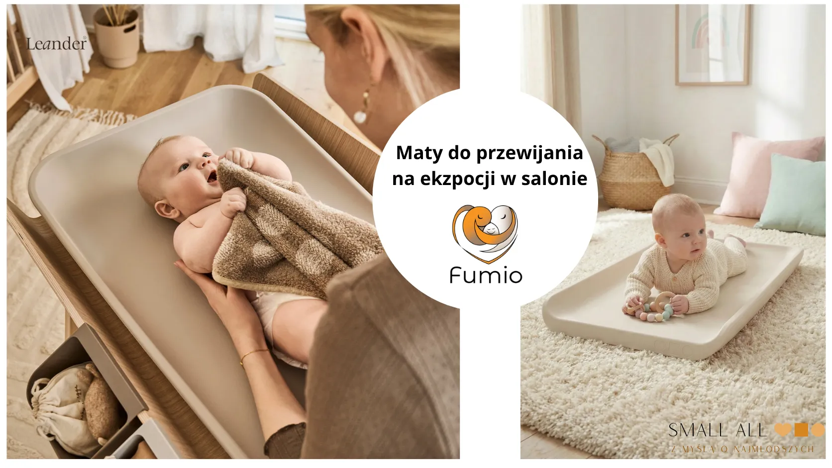 Maty do przewijania Leander i przewijak Small All na ekspozycji w showroomie FUMIO w Warszawie