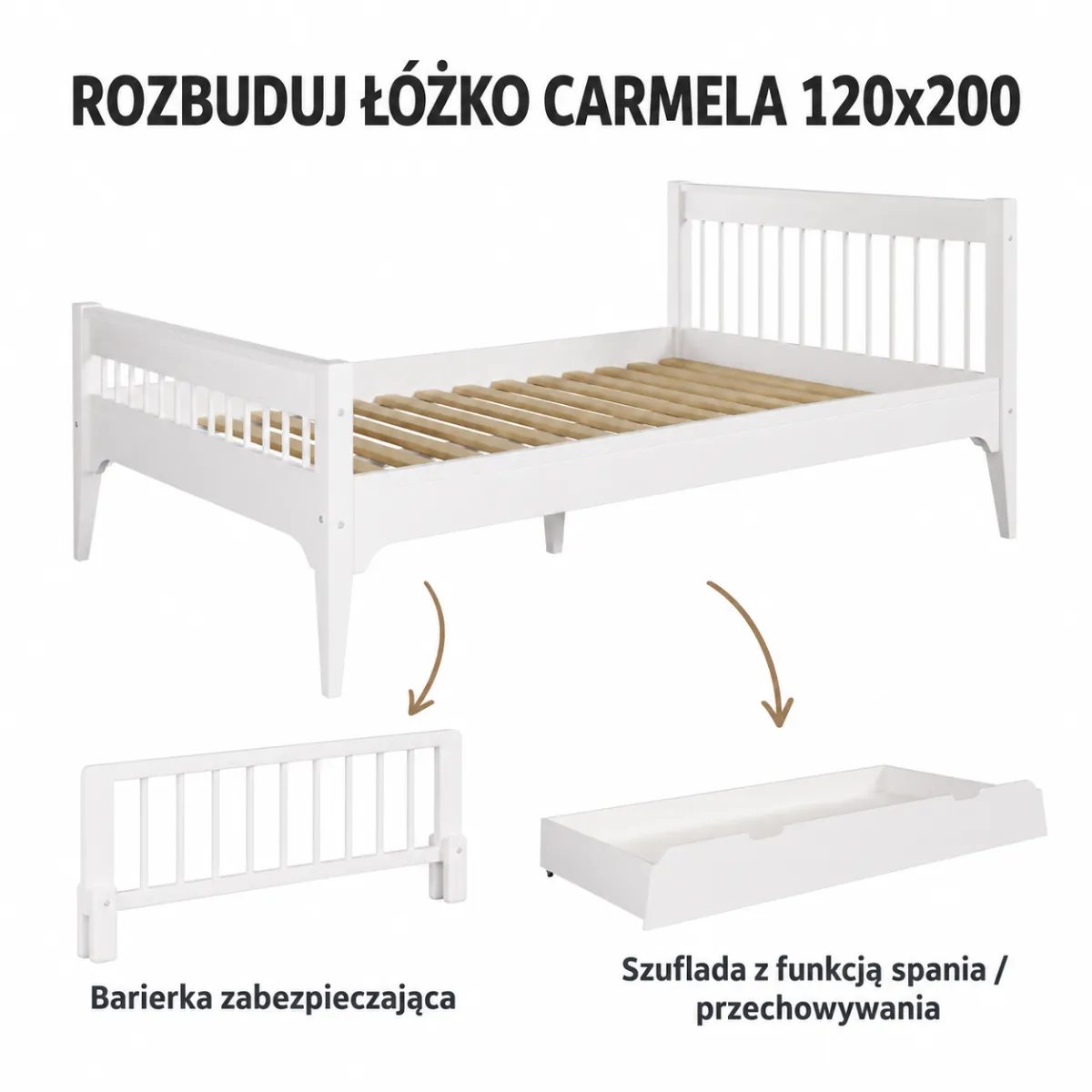 Warianty rozbudowy białego łóżka Carmela 120x200 cm