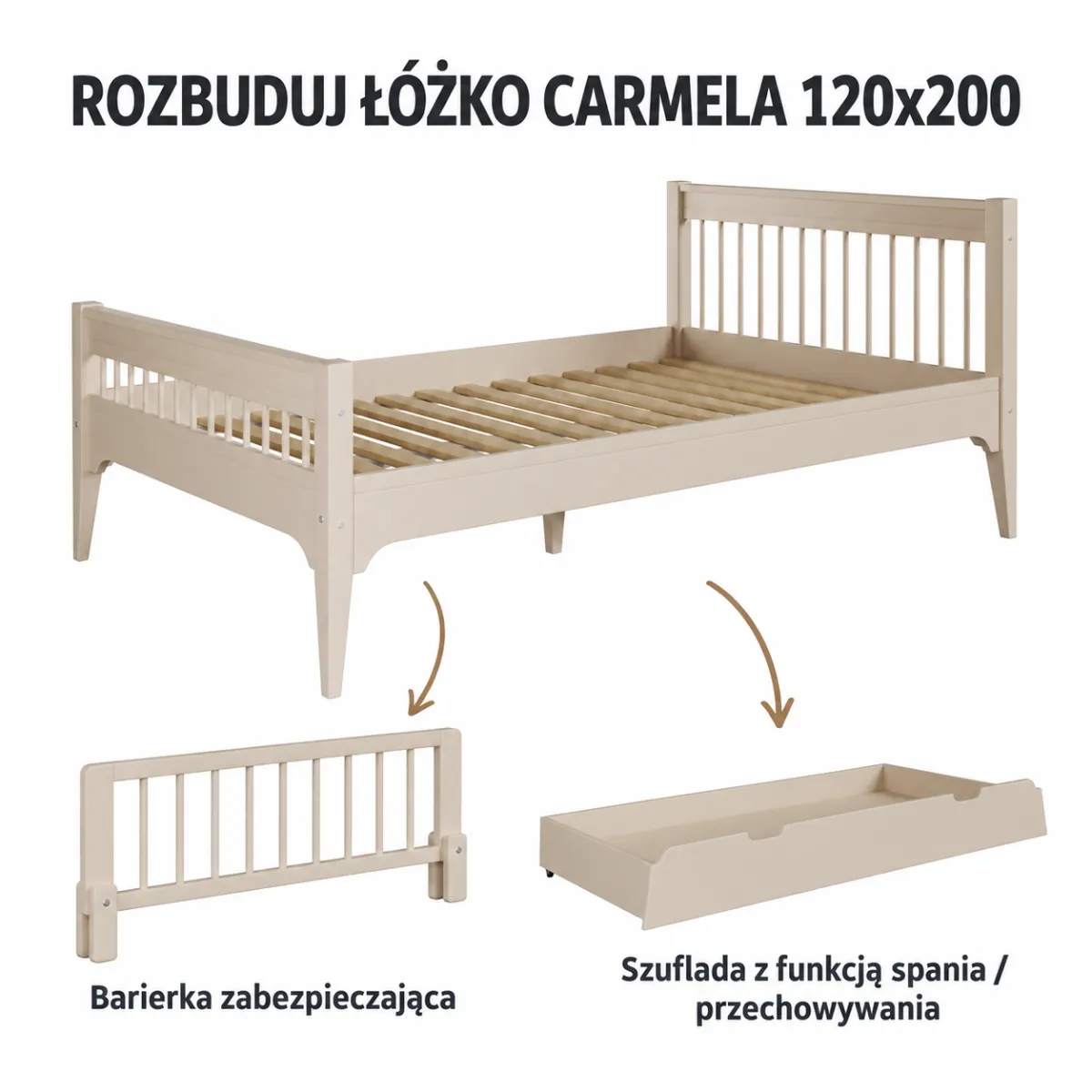 Warianty rozbudowy kaszmirowego łóżka Carmela 120x200 cm