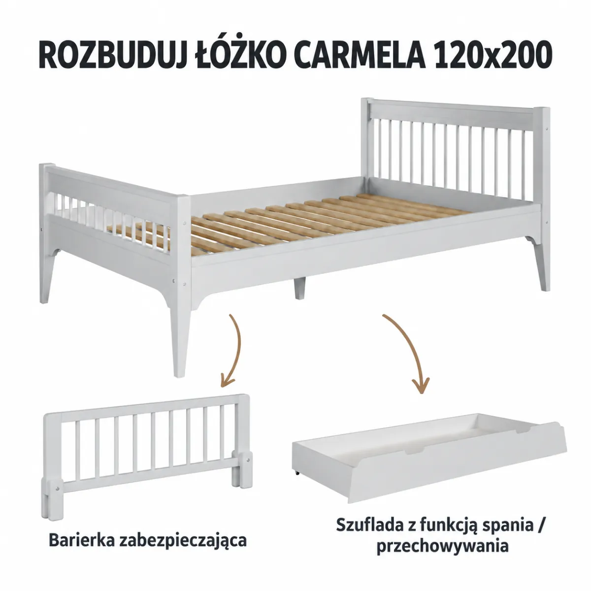 Warianty rozbudowy szarego łóżka Carmela 120x200 cm