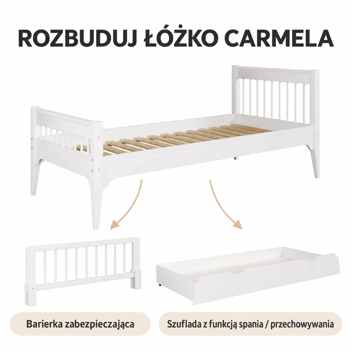 Warianty rozbudowy białego łóżka Carmela 90x200 cm