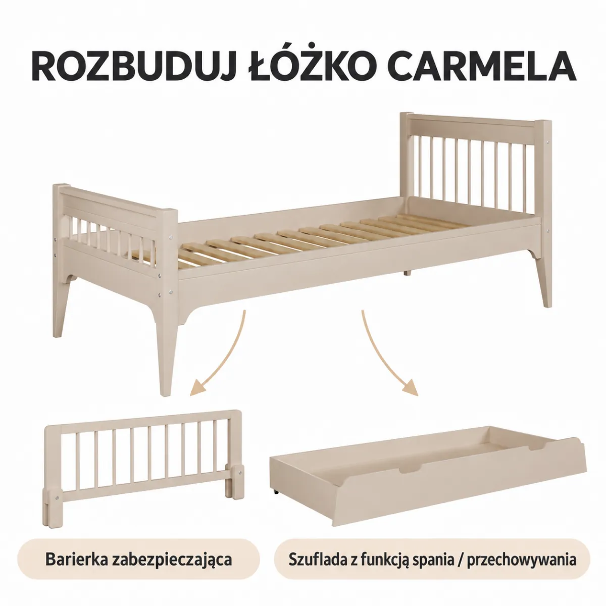Warianty rozbudowy łóżka Carmela kaszmir 90x200 cm
