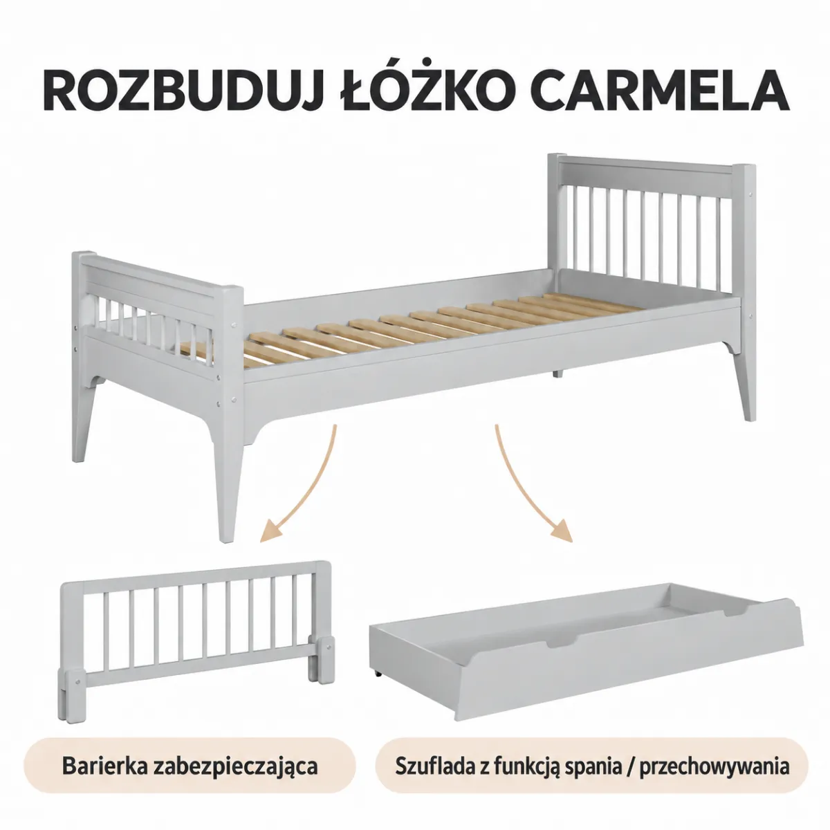Warianty rozbudowy szarego łóżka Carmela 90x200 cm