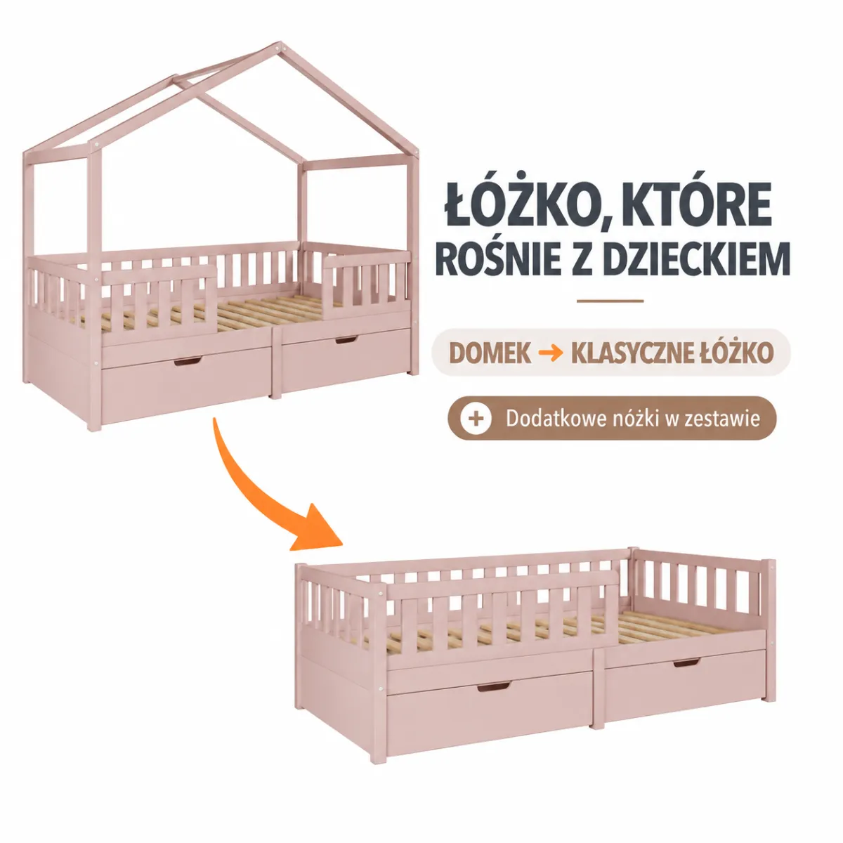 Różowe łóżko-domek Miyo, które można zmienić w klasyczne łóżko