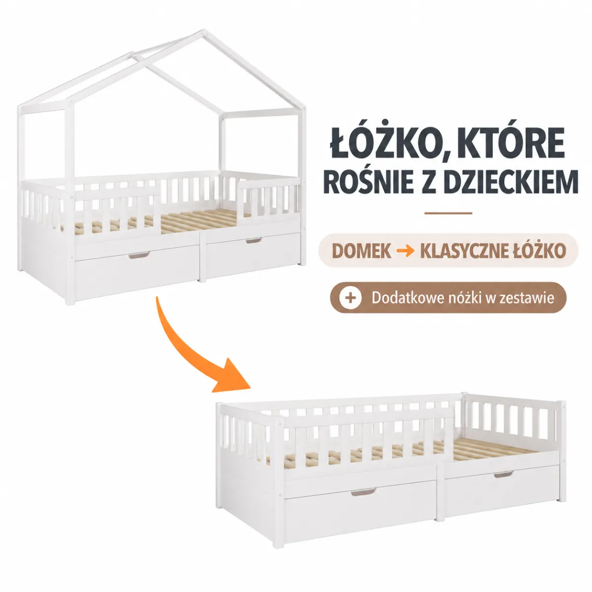 Drewniane łóżko domek Miyo 2w1 w kolorze białym