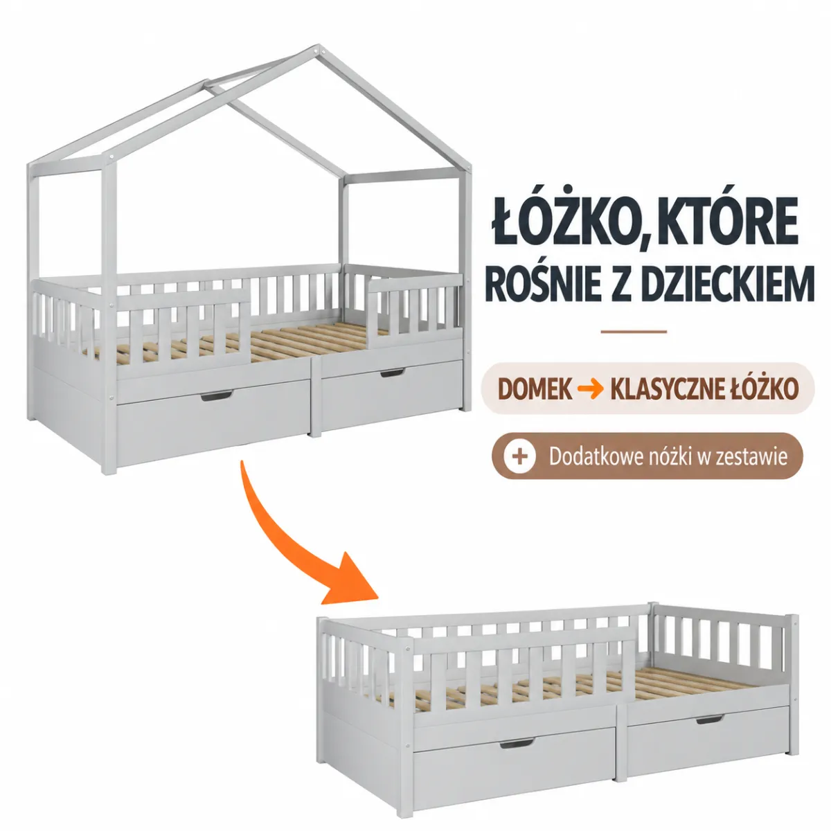 Drewniane łóżko domek Miyo 2w1 w kolorze jasno szarym