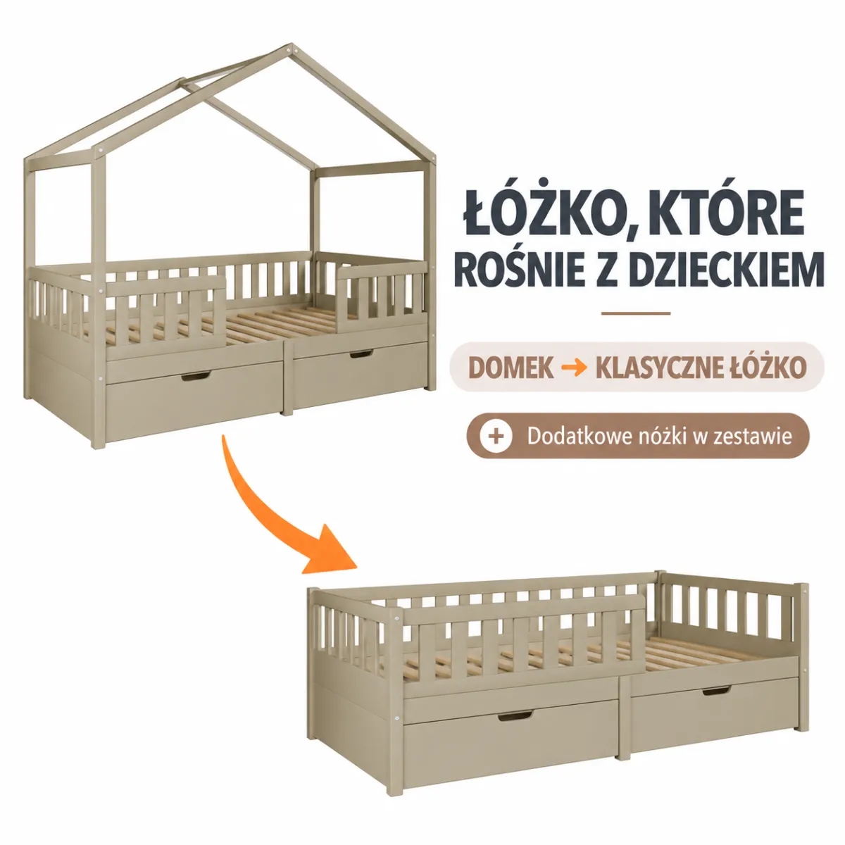 Drewniane łóżko domek Miyo 2w1 w kolorze szałwiowym