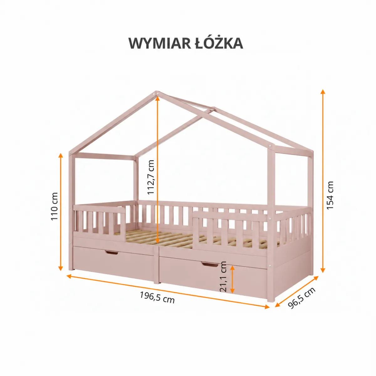 Wymiary różowego łóżka-domku Miyo 90x190 cm