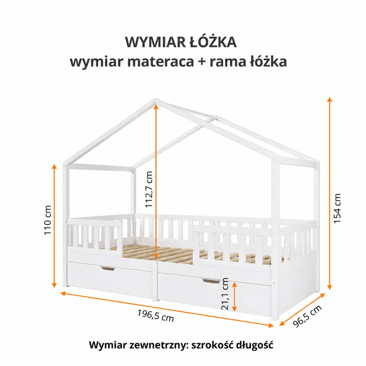 Wymiary łóżka domek Miyo 2w1 białe 90x190 cm