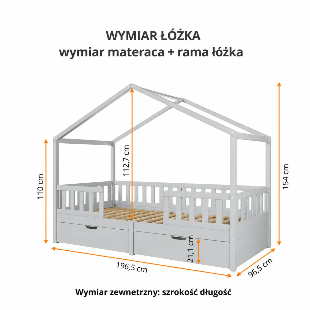 Wymiary łóżka domek Miyo 2w1 jasno szare 90x190 cm