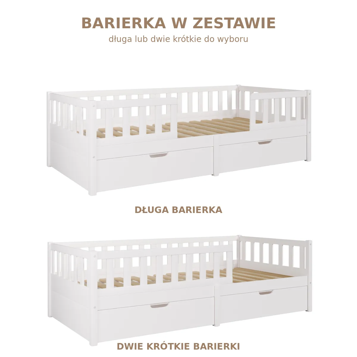 Drewniane białe łóżko dziecięce Miyo z opcjonalnymi szufladami