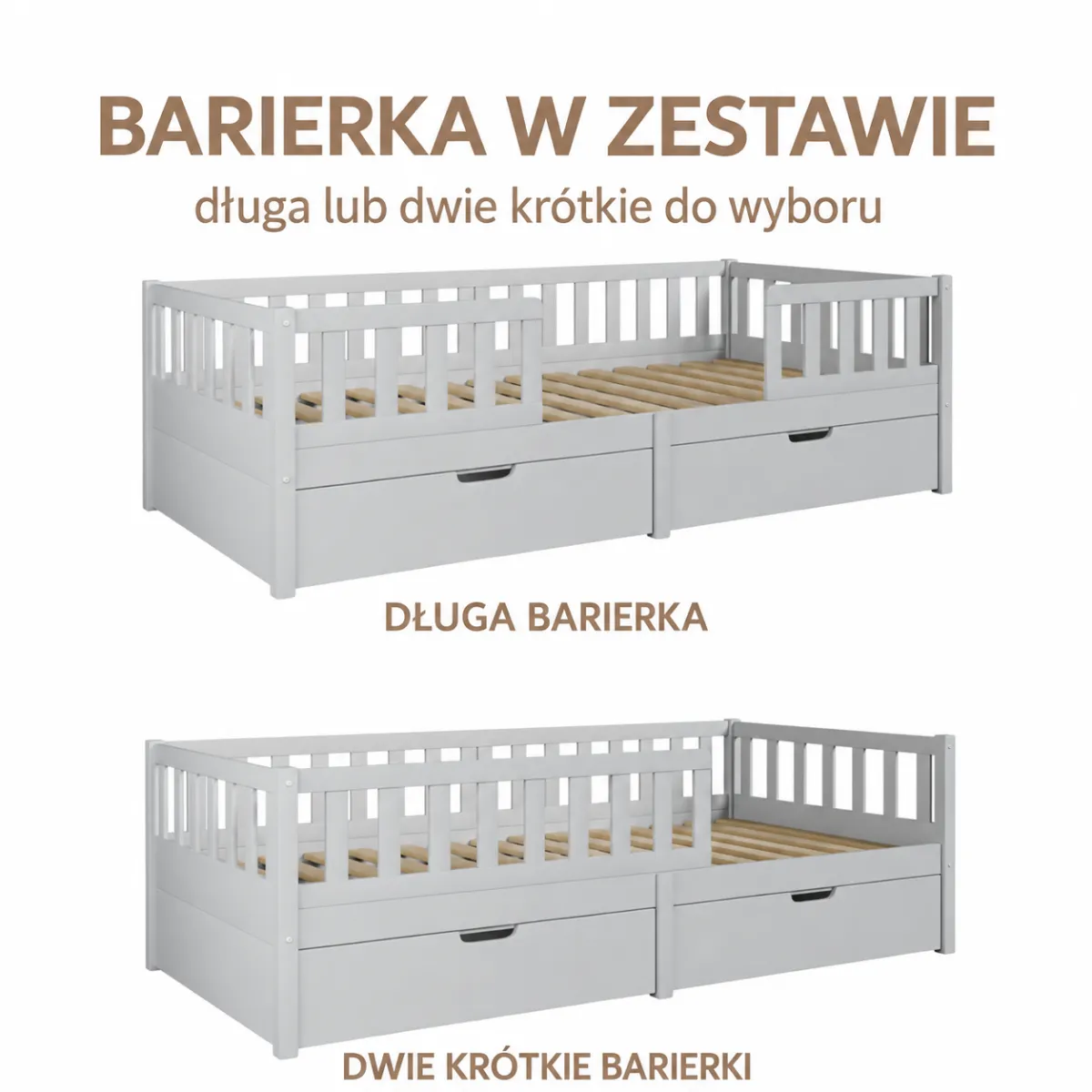 Drewniane szare łóżko dziecięce Miyo z opcjonalnymi szufladami