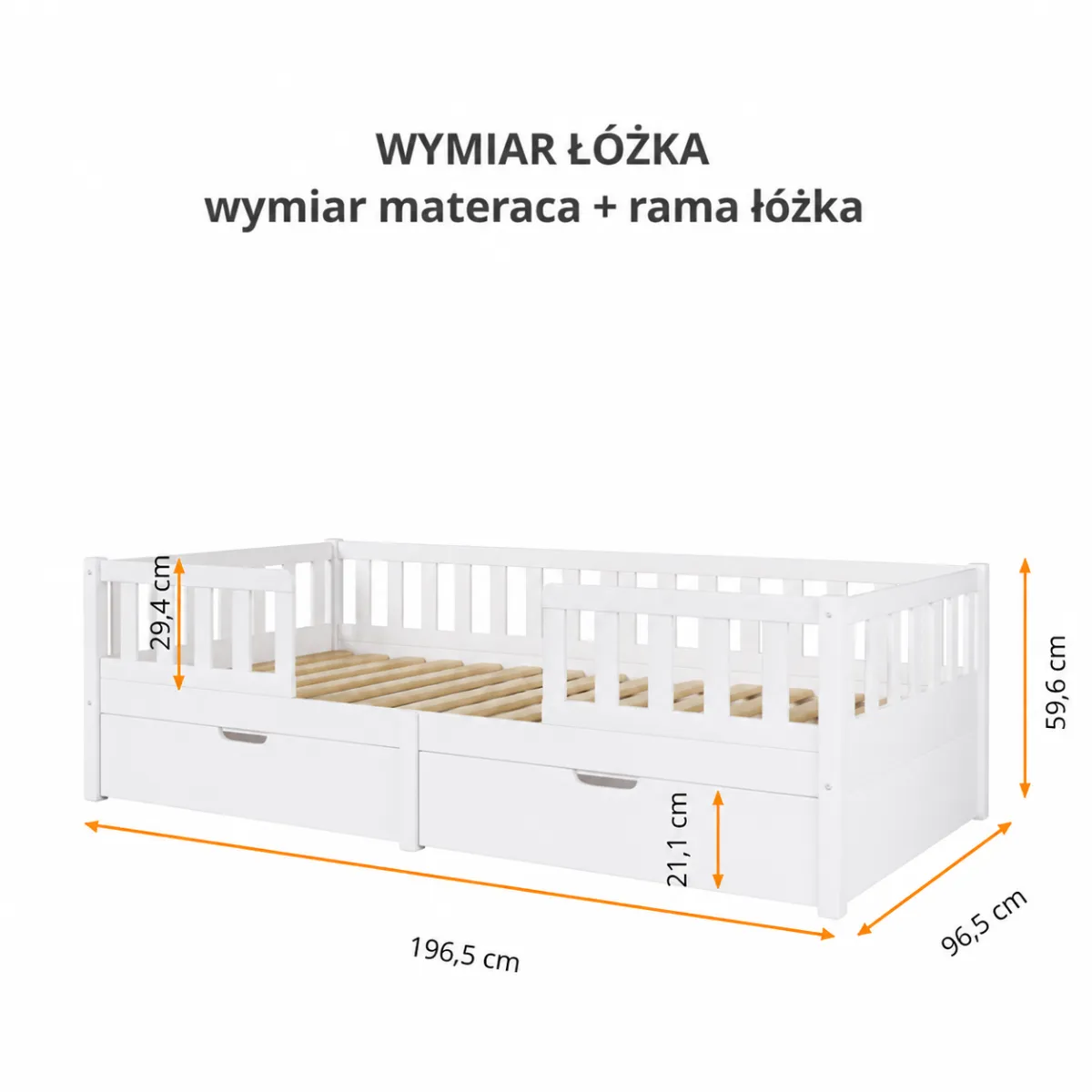 Wymiary białego łóżka dziecięcego Miyo 90x190 cm