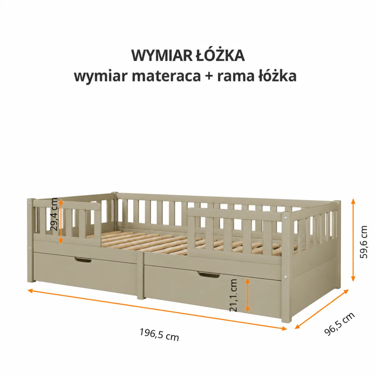 Wymiary szałwiowego łóżka dziecięcego Miyo 90x190 cm