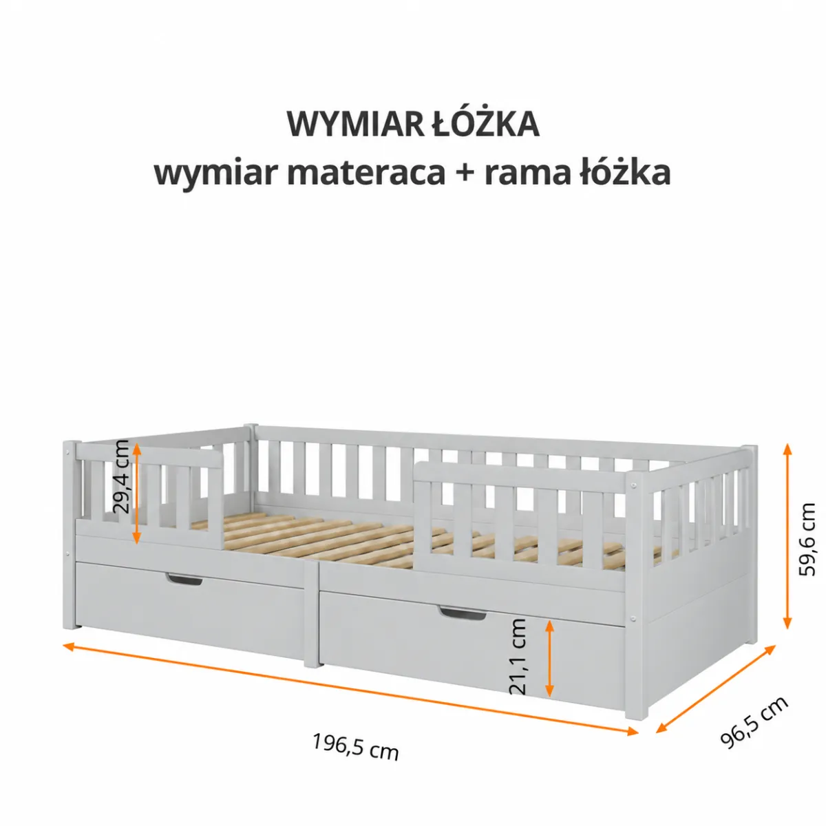 Wymiary szarego łóżka dziecięcego Miyo 90x190 cm