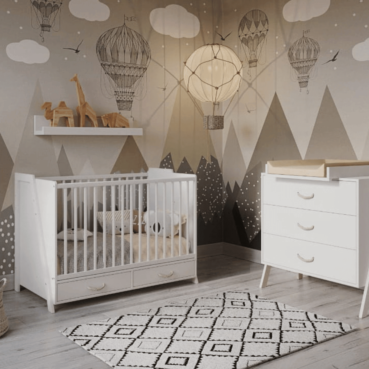 Białe łóżeczko niemowlęce biurko 2w1 LUNA 120x60 do pokoju dziecka