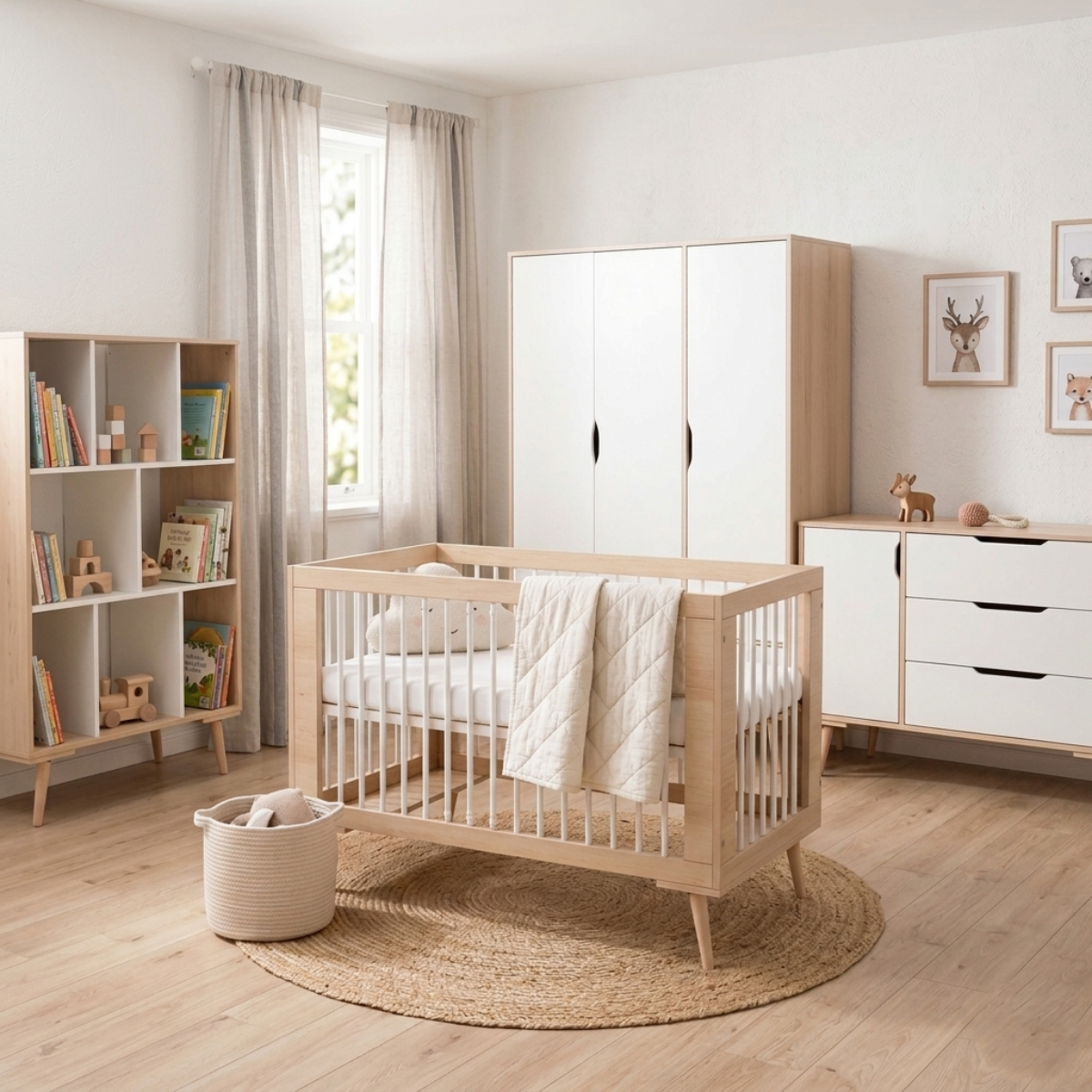 Białe łóżeczko SOFIE 60x120 w aranżacji pokoju niemowlaka